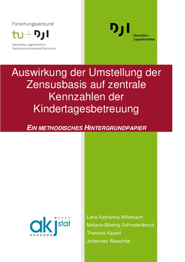 Abgebildet ist das Cover eines Arbeitspapiers mit dem Titel „Auswirkung der Umstellung der Zensusbasis auf zentrale Kennzahlen der Kindertagesbetreuung“. Die Autor:innen des Arbeitspapiers sind Lena Katharina Afflerbach, Melanie Böwing-Schmalenbrock, Theresia Kayed und Johannes Wieschke. Es sind außerdem die Logos der Herausgeber zu sehen: des Deutschen Jugendinstituts, des Forschungsverbunds DJI/TU Dortmund sowie der Arbeitsstelle Kinder- und Jugendhilfestatistik. Das Cover hat eine weiße Fläche, einen roten Balken in der Mitte mit dem Titel und einen grünen Streifen auf der rechten Seite.