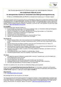 Abgebildet ist die Stellenausschreibung zur studentischen Hilfskraft für datengestütztes Arbeiten im Themenfeld Frühe Bildung /Kindertagesbetreuung. Es sind Aufgaben, Anforderungen und Benefits der Stelle angegeben, sowie die Ansprechperson Nina Olszenka.  Die dazugehörige vollständige PDF-Datei kann am Ende der Newsmeldung heruntergeladen werden.