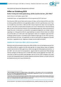 Abgebildet ist die erste Seite einer Kurzanalyse mit dem Titel „Hilfen zur Erziehung 2023“. Der vollständige Titel lautet: „Starke Anstiege der Erziehungsberatung, leichte Zunahme bei den ‚ASD Hilfen‘“. Darüber steht der Hinweis: „Aktuelle Entwicklungen in den Hilfen zur Erziehung – Datenbasis 2023 (Stand: Januar 2025)“. Als Autorinnen und Autoren werden Sandra Fendrich, Julia Erdmann und Agathe Tabel genannt. Die Kurzanalyse wurde von der Arbeitsstelle Kinder  und Jugendhilfestatistik im Forschungsverbund Deutsches Jugendinstitut und Technische Universität Dortmund erstellt. Oben rechts ist das Logo von akjstat abgebildet. Die Seite enthält Fließtext mit einer inhaltlichen Zusammenfassung sowie eine hervorgehobene Zwischenüberschrift zu den Fallzahlen der erzieherischen Hilfen im Jahr 2023. Die Gestaltung ist überwiegend weiß mit blauen Hervorhebungen. Die Kurzanalyse kann unter der Newsmeldung heruntergeladen werden.