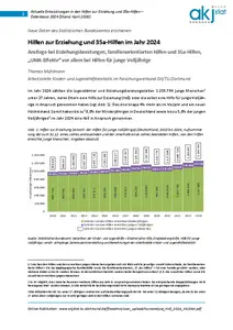 Abgebildet ist die erste Seite der Kurzanalyse zu den Daten der Hilfen zu Erziehung und 35a-Hilfen aus 2024, die 2026 von der AKJStat  veröffentlicht wurde. Der Untertitel lautet "Anstiege bei Erziehungsberatungen, familienorientierten Hilfen und 35a-Hilfen,  „UMA-Effekte“ vor allem bei Hilfen für junge Volljährige". Oben rechts steht das Logo der AKJStat. Ein Diagramm zeigt den Anstieg der Hilfen zur Erziehung in Deutschland zwischen den Jahren 2010 und 2024. 