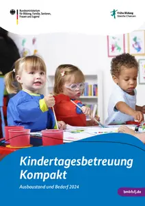 Das Bild zeigt das Cover der 10. Ausgabe von „Kindertagesbetreuung Kompakt“ zum Ausbaustand und Bedarf 2024. Oben links steht das Logo des Bundesministeriums für Bildung, Familie, Senioren, Frauen und Jugend. Unten rechts wird außerdem auf dessen Internetadresse verwiesen: bmbfsfj.de. In der Mitte des Covers ist ein Foto abgebildet. Darauf sitzen mehrere kleine Kinder an einem Tisch und malen mit Pinseln und Farben. Auf dem Tisch stehen Farbbecher und Papier. Im Hintergrund sind weitere bunte Bilder an der Wand zu sehen. Das Foto zeigt eine Szene aus der frühkindlichen Bildung.