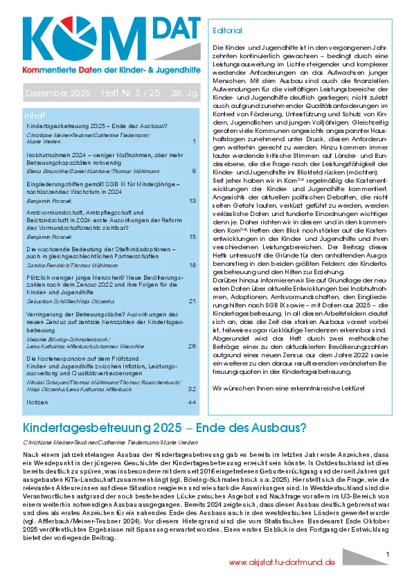 Abgebildet ist das Titelblatt der Zeitschrift „KomDat – Kommentierte Daten der Kinder- und Jugendhilfe“. Es handelt sich um die Ausgabe Dezember 2025, Heft Nummer 3. Die Zeitschrift wird von der Arbeitsstelle Kinder- und Jugendhilfestatistik (AKJStat) an der TU Dortmund herausgegeben. Das Cover ist anklickbar und führt zum Download der Ausgabe.